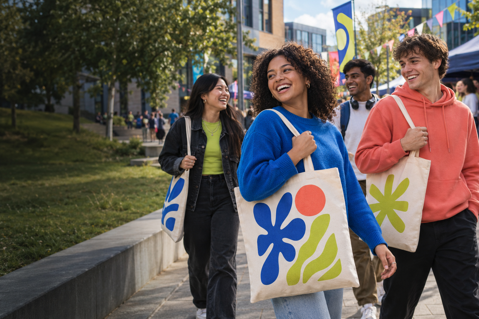 Students carrying colourful printed tote bags on a university campus